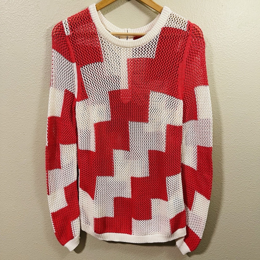 Red White‎ Open Knit Mesh Sweater Zipper Long Festive Holidays Christmas Sz XS/S